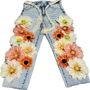 Floral Embellished Light Blue Jeans